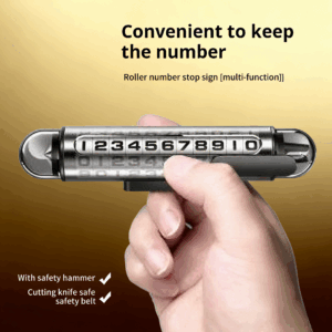 Car relocation sign with phone number, car window breaker, temporary parking number plate, vehicle-mounted car relocation sign, mobile phone interior vehicle use.